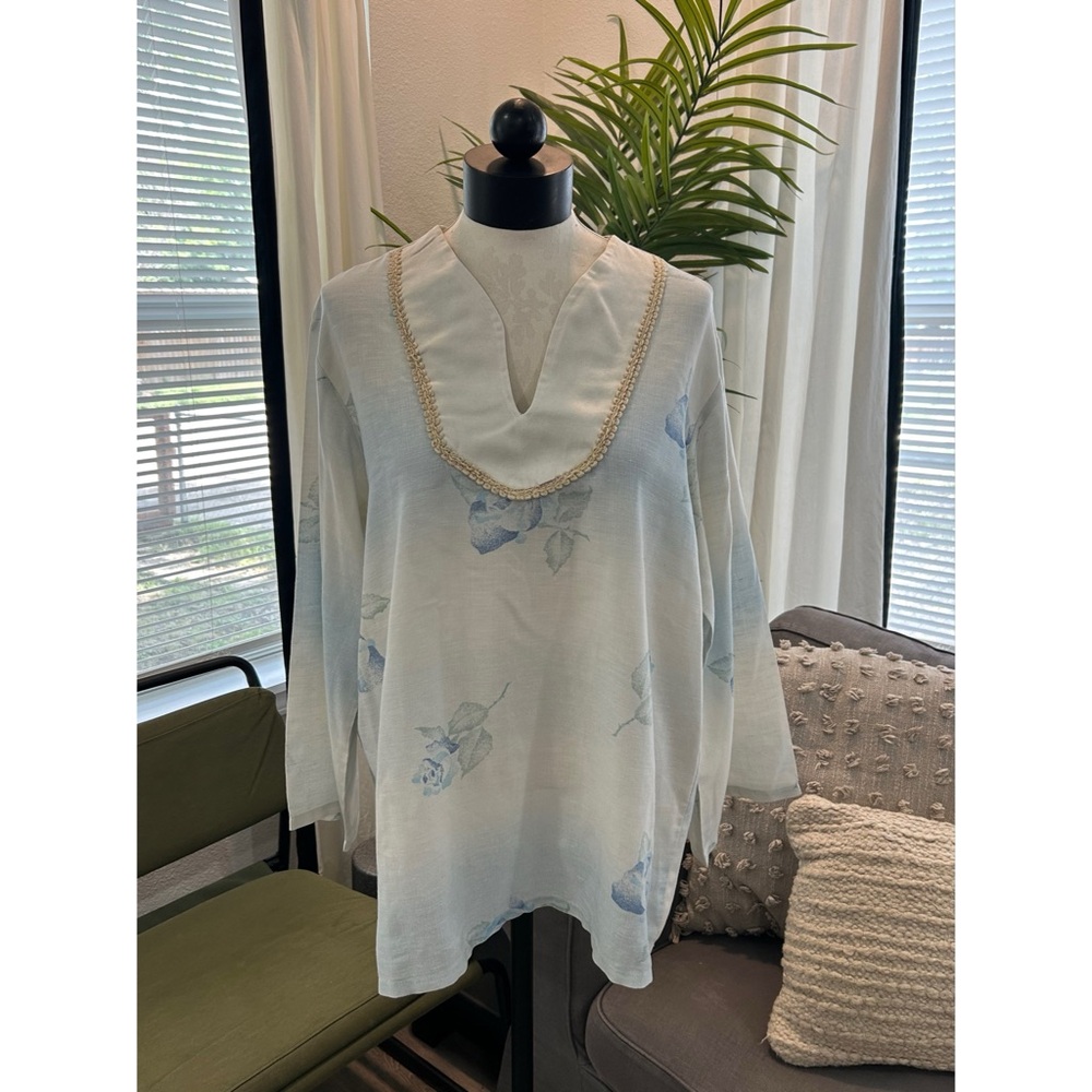 Vintage Alfie Tunic Top Blouse Sz Medium White Blue Gold Embroidered Linen